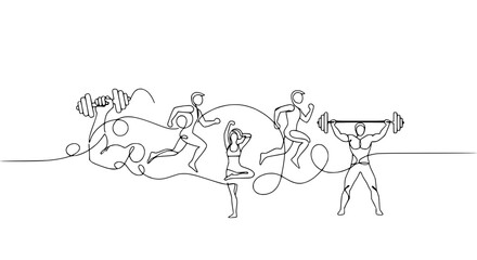 Obraz premium Continuous Line Art of Diverse Fitness Activities and Athletes