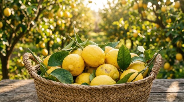 Woven basket filled with ripe lemons and leaves, placed on a wooden table in a sunlit orchard.