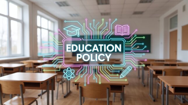 Glowing digital overlay with text education policy floating in the center of an empty empty modern school classroom filled with wooden student desks and chairs technology
