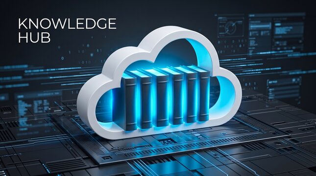 Knowledge hub text near white cloud shape containing glowing blue books resting upon digital cybernetic surface with binary code panels and technological interface displays