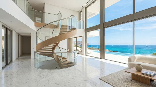 Modern living room with spiral staircase, panoramic ocean view, and sleek furniture in white tones.