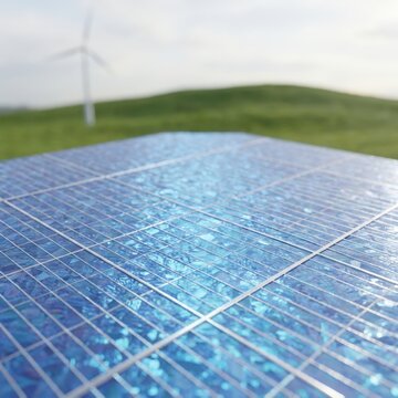 Close-up of a solar panel with water droplets in focus, wind turbines in the background on a hill.