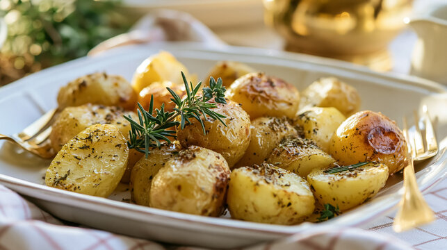 Roasted baby potatoes seasoned with rosemary and dried herbs, ready for serving as a savory side dish or elegant starter