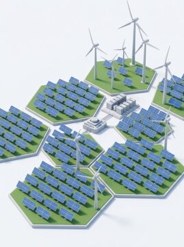 Aerial view of solar panels and wind turbines in a green landscape, showcasing renewable energy.
