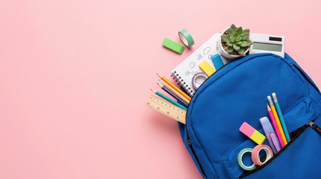 Open blue backpack on pink background filled with colorful school supplies and a small plant.