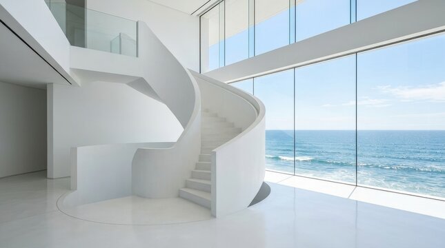 Modern minimalist interior with a spiral staircase and large windows overlooking a beach.