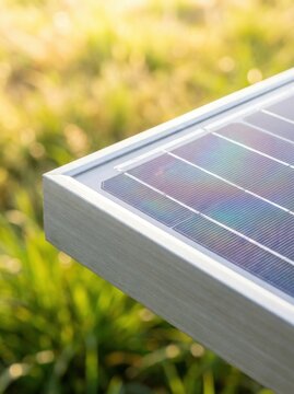 Close-up of a solar panel edge in a field of vibrant green grass under soft sunlight.