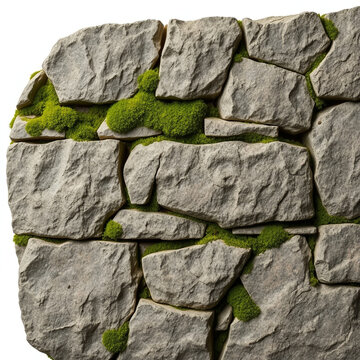Rough hewn fieldstone wall with green moss