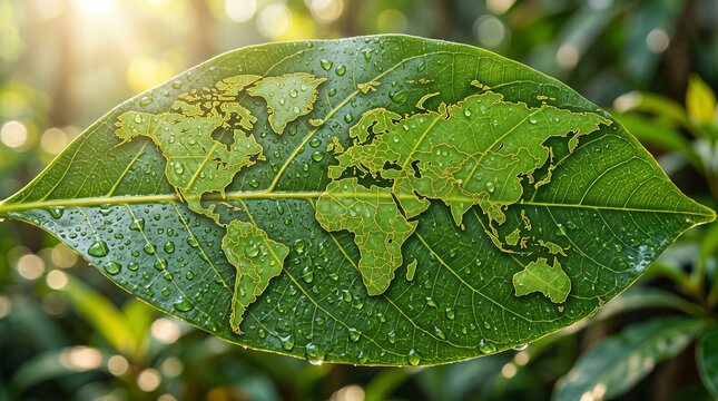 Green leaf with world map texture and water droplets symbolizing global ecology and environmental conservation.