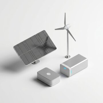 Renewable energy setup with solar panel, wind turbine, and battery storage units on a plain.