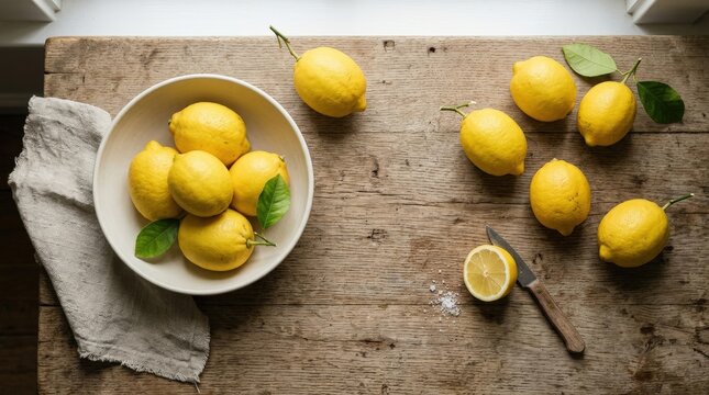 Bowl of fresh lemons with scattered fruits on a rustic wooden table, overhead view.