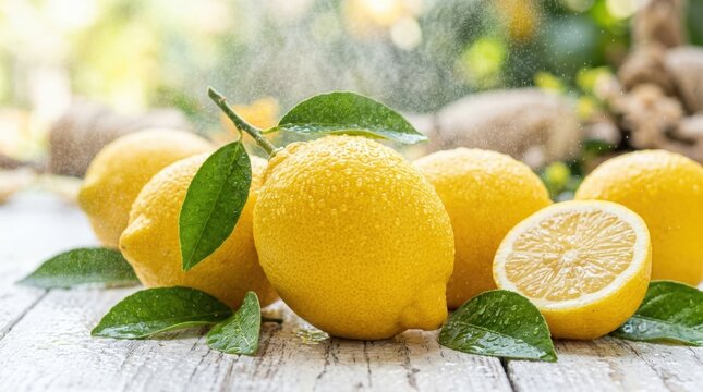 Bright yellow lemons with green leaves on a rustic wooden table surrounded by sunlight.