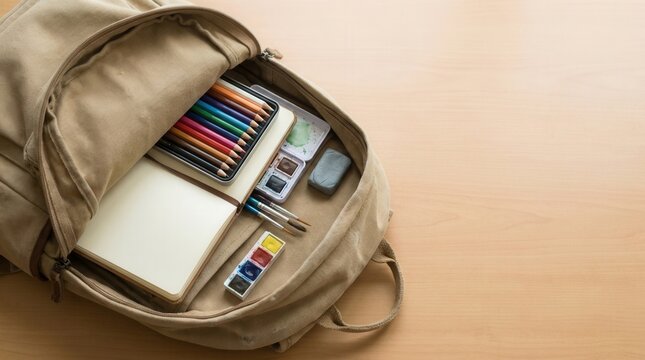 Open beige backpack with organized school supplies including notebooks, colored pencils, and markers.