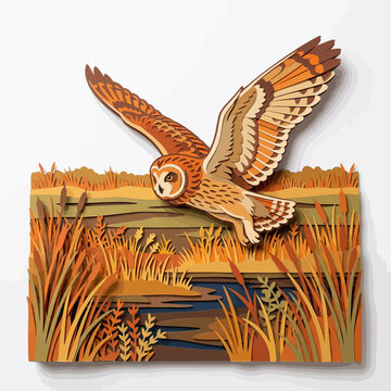 Paper Owl Flying Over Autumn Marsh