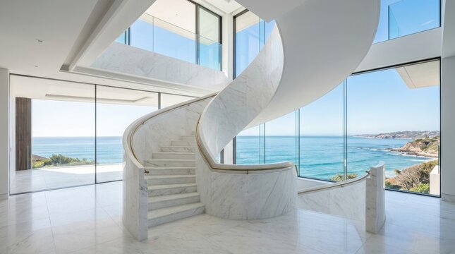 Modern luxury home interior with a grand spiral staircase and expansive ocean views through.