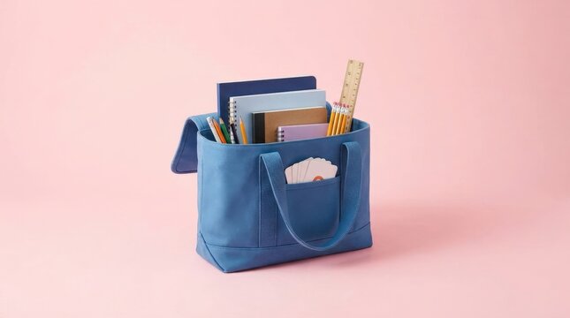 Blue fabric tote bag on pink background containing books, notebook, and pencil case.