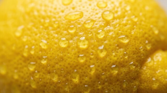 Close-up view of a vibrant yellow lemon skin with glistening water droplets on its textured surface.