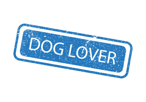 Blue rectangular rubber stamp design featuring the bold text dog lover on a plain surface