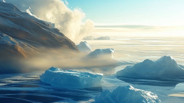 Vast arctic landscape with enormous glaciers stretching across icy waters under a hazy sky
