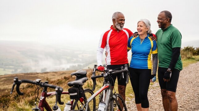 Diverse senior friends laughing together while cycling on scenic mountain trail for active retirement and healthy aging wellness campaigns.