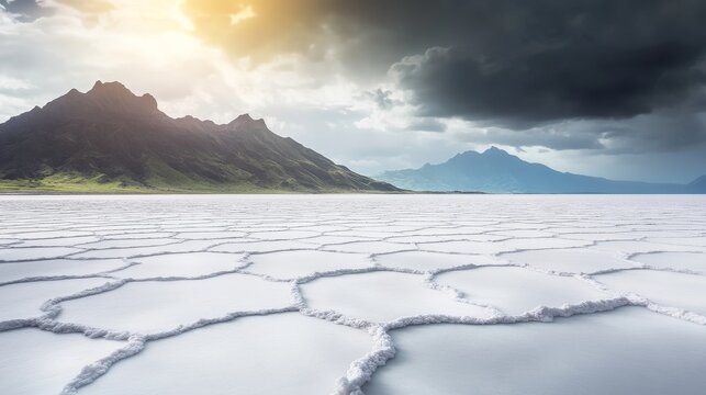 Vast cracked salt flat stretches towards distant mountains under a sky with sunlit clouds
