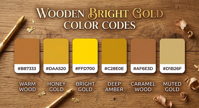 Wooden Background with Bright Gold Color Palette and Hex Codes