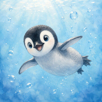 Cute watercolor penguin chick swimming underwater with bubbles, winter animal illustration