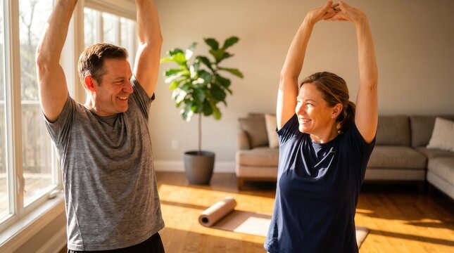 Happy middle-aged couple stretching arms together in sunlit living room for morning home exercise and healthy lifestyle promotion.