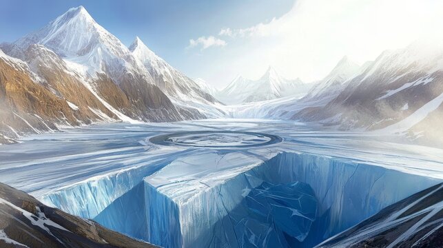 Vast frozen glacial landscape with towering snow-capped mountains under a bright sky