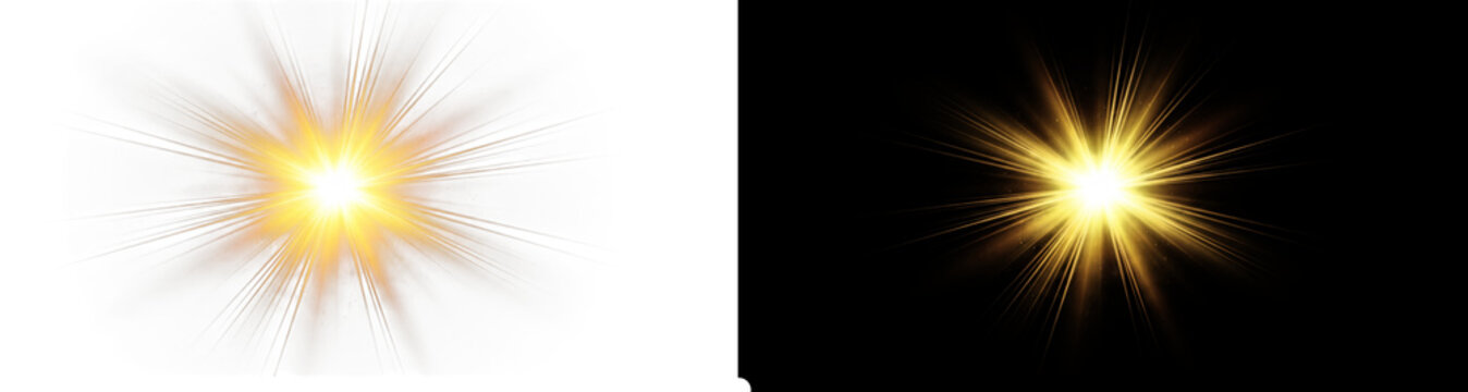 Bright yellow light burst or starburst effect, isolated on transparent background