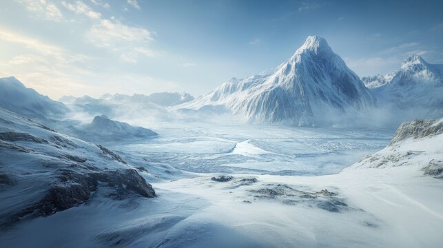 Vast frozen glacial mountain range under a pale blue sky with soft clouds during deep winter