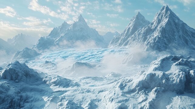 Vast frozen ice field during winter stretching across a mountain range under a cloudy sky