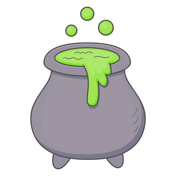 Flat style sticker illustration of a witch cauldron with bubbling green magic potion isolated on transparent background. Spooky halloween witchcraft vector icon graphic for holiday asset.
