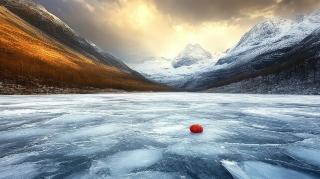 Vast frozen ice field stretches between mountains under a cloudy sky with golden light