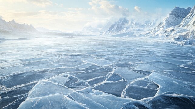 Vast frozen landscape with cracked ice sheet and distant snow-covered mountains under a bright sky