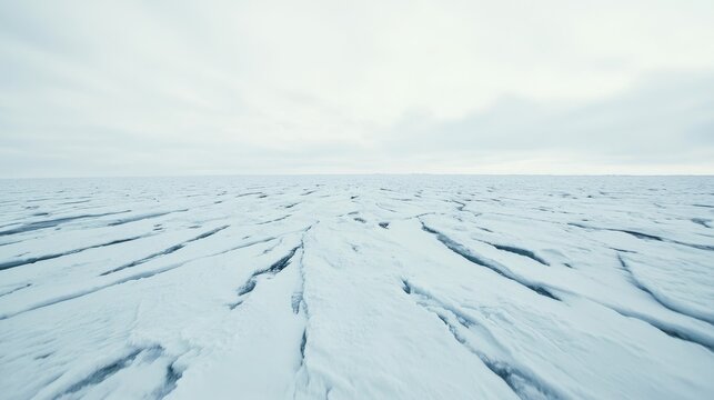 Vast frozen landscape with cracked ice stretching towards a hazy horizon under an overcast sky