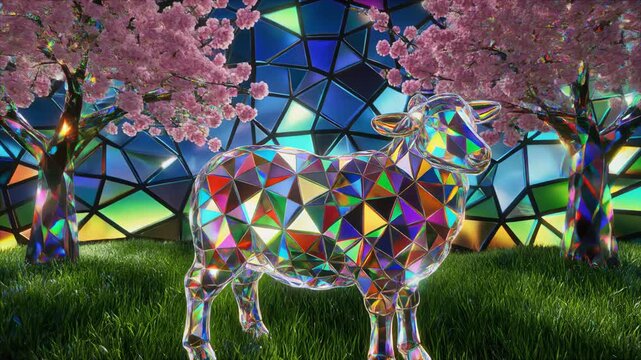 Prismatic Crystal Sheep in Sakura Dome 4K Generative AI