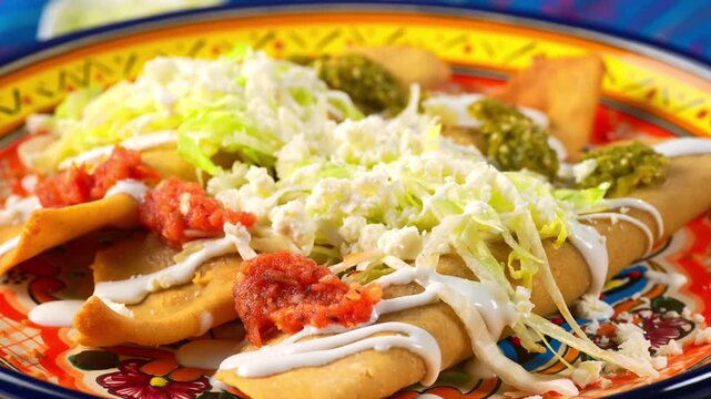 Close up of authentic Mexican molotes decorated with salsa verde, cream, lettuce and queso fresco
