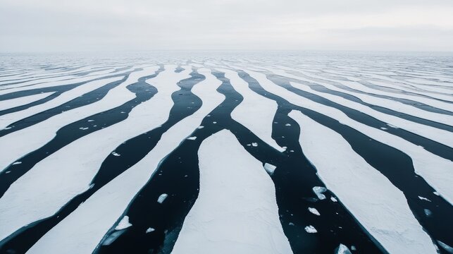 Vast frozen sea during the harsh winter season with endless dark water channels between ice floes