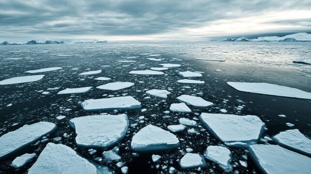 Vast frozen sea during the harsh winter season with ice floes scattered across the dark water under a cloudy sky