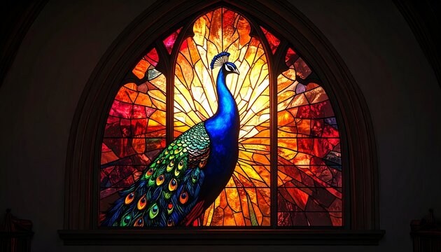 Peacock Illustration in a Colorful Stained Glass Window