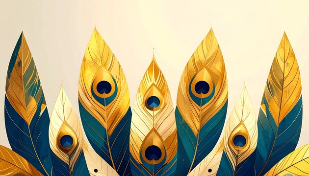 Stylized Peacock Feathers Illustration with Golden Accents