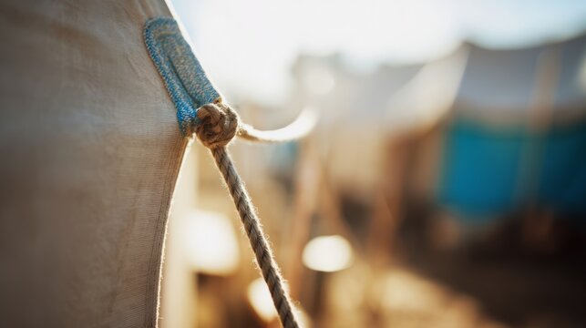 Close-up of taut triangular tent corner secured by rope.
