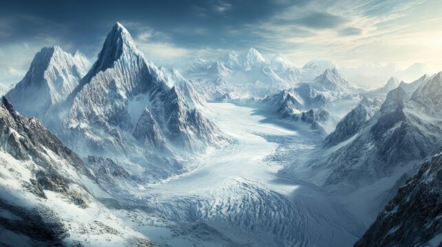 Vast glacial valley with towering snow-covered mountains under a cloudy sky