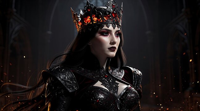 Dark fantasy crown queen wearing ornate armor in gothic castle