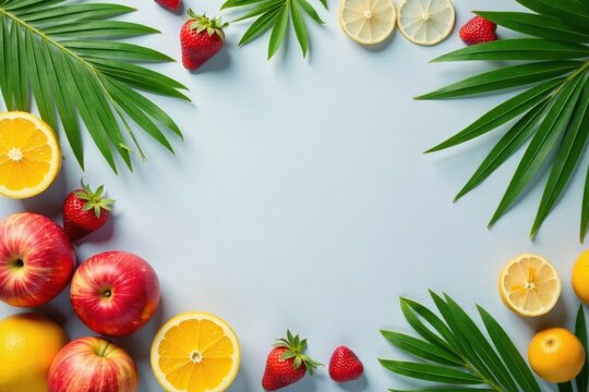 Pastel gray backdrop featuring lush palm leaves and assorted summer fruits Flat lay summer composition , design, card