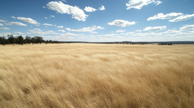 Vast golden steppe landscape under a blue sky with scattered white clouds during summer