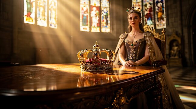 Majestic jeweled golden crown queen sitting on throne in palace