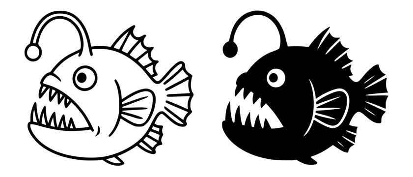 Minimalist anglerfish icon in outline and silhouette style, for UI/UX app design