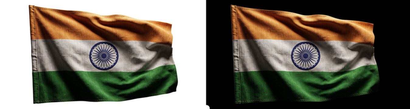 Waving indian flag, national symbol of india, isolated on transparent background